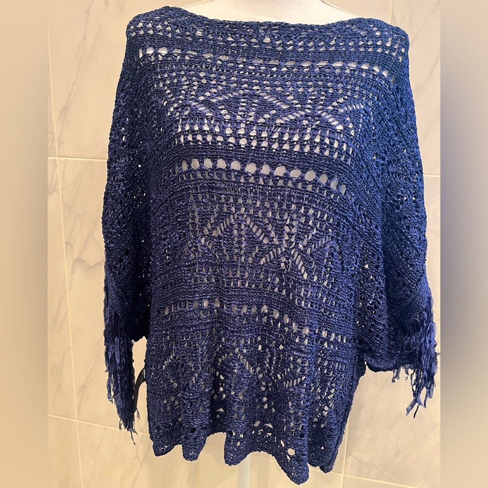 White House Black Market Fringe Poncho Color Deep Marine Size Medium NWT